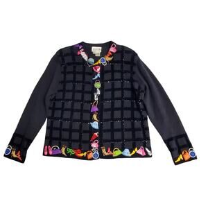 Vintage Just B Fashion Cardigan Sweater L Black Beaded Embellished Novelty
